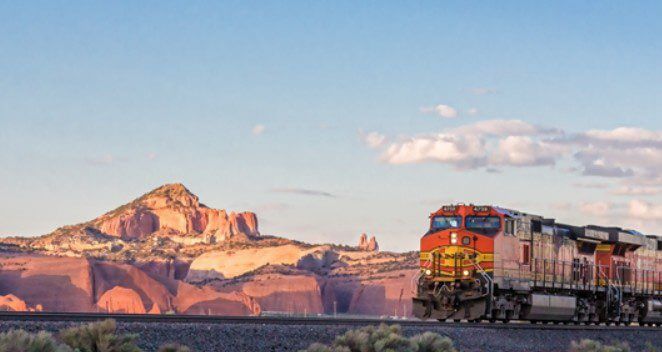 BNSF locomotive on the Southern Transcon mainline through New Mexico red rock country