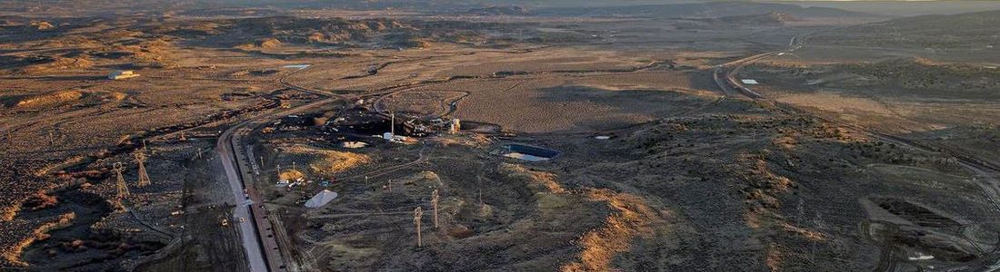 Panoramic aerial view of GELP site showing rail loop, Carbon Coal Road, and site layout